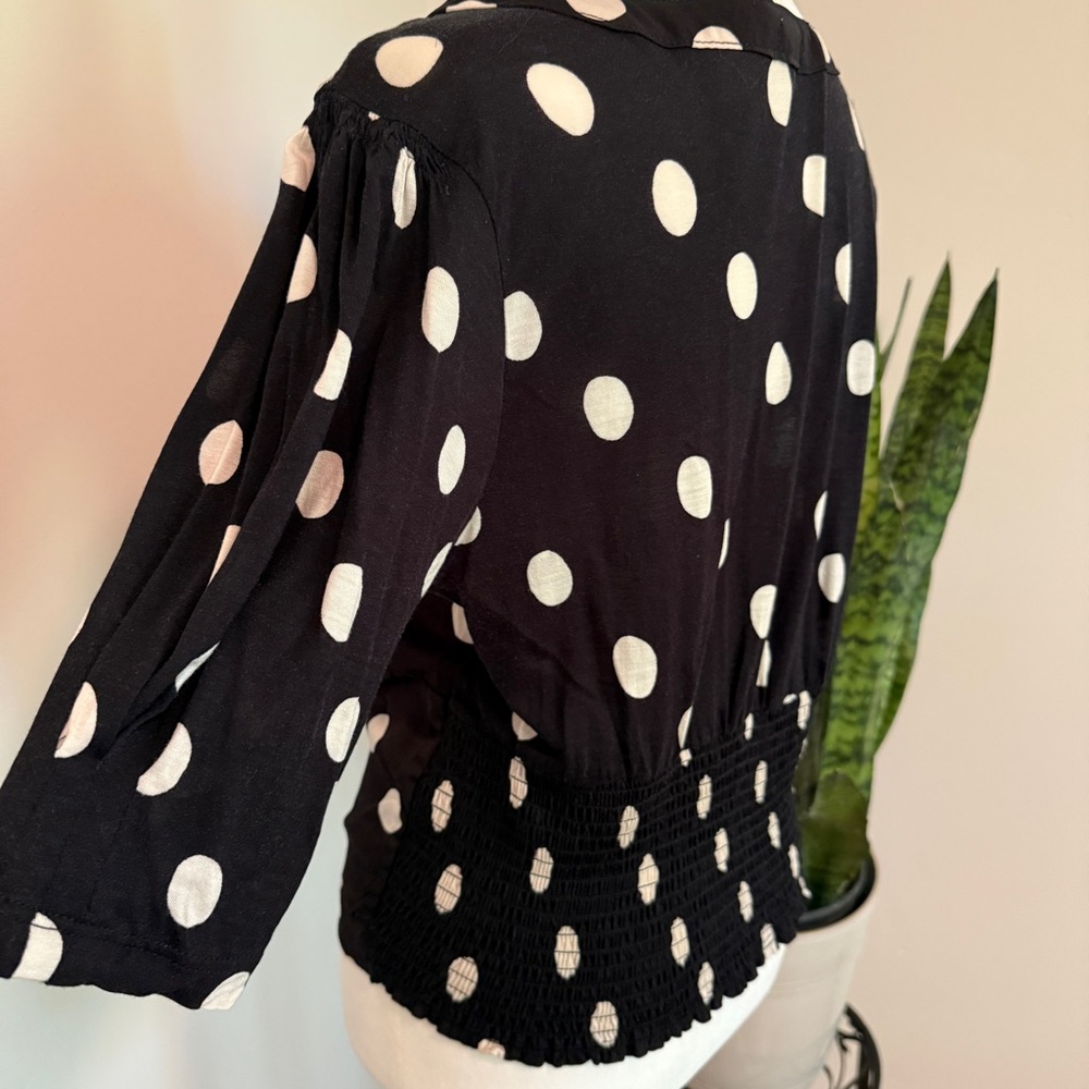 Anthropologie | Black and White Polka Dot Smocked Waist Blouse - Picture 5 of 11